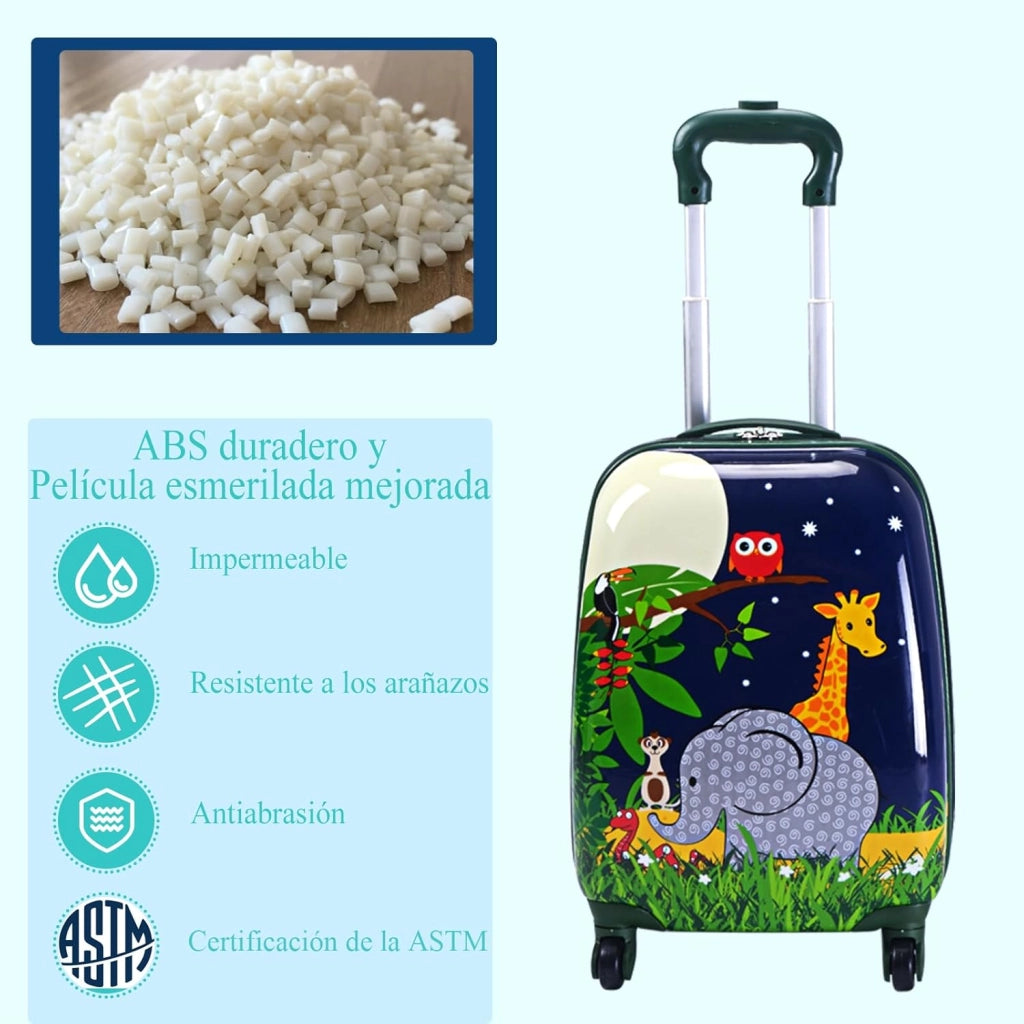 Set di Valigia 16’’ + Zaino 12’’ per Bambini 2 Pezzi, Bagagli 2-in-1 con Zainetto da Viaggio Aereo, Trolley con Maniglia Telescopica e 4 Ruote a 360° (Blu Jungla)