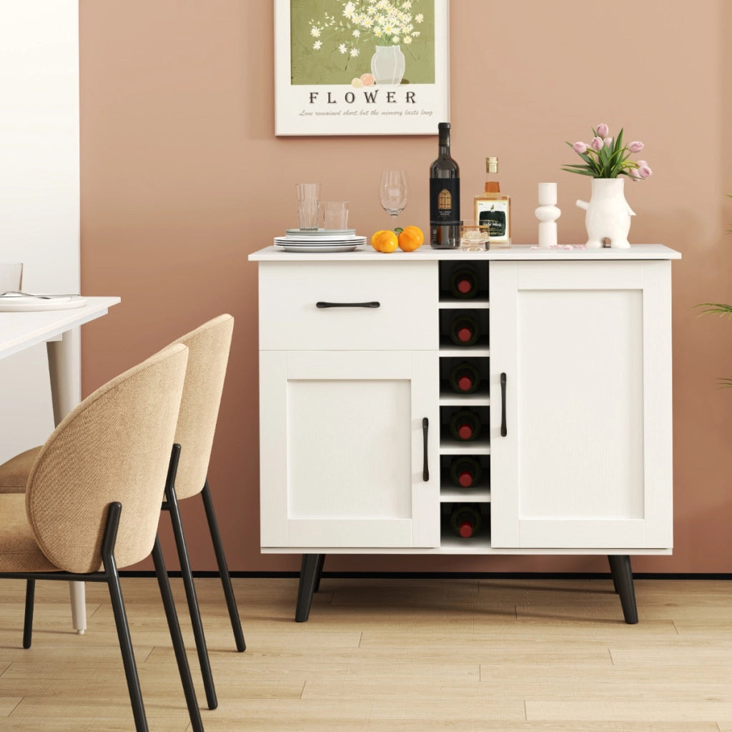 Credenza buffet-Armadio da cucina con cubi per vino da 6 bottiglie, Armadio da bar moderno con cassetto per cucina e soggiorno Bianco