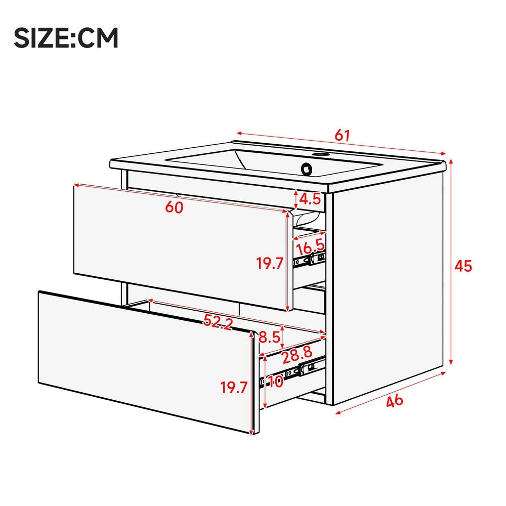 Mobile Bagno Sospeso con Lavabo Integrato e LED ¨C Xylo ¨C Bianco, 2 Cassetti, 61x46x45 cm