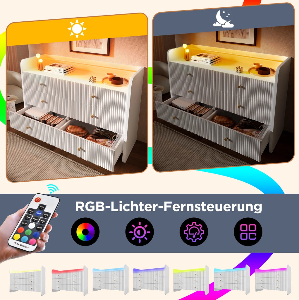 Credenza moderna con LED; 6 cassetti e vano aperto 120x40x75 cm; bianca