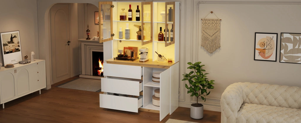Vetrina alta con LED, 1 anta, 3 cassetti e vani aperti, per soggiorno e cucina, in MDF, bianco e rovere, 120 × 200 cm