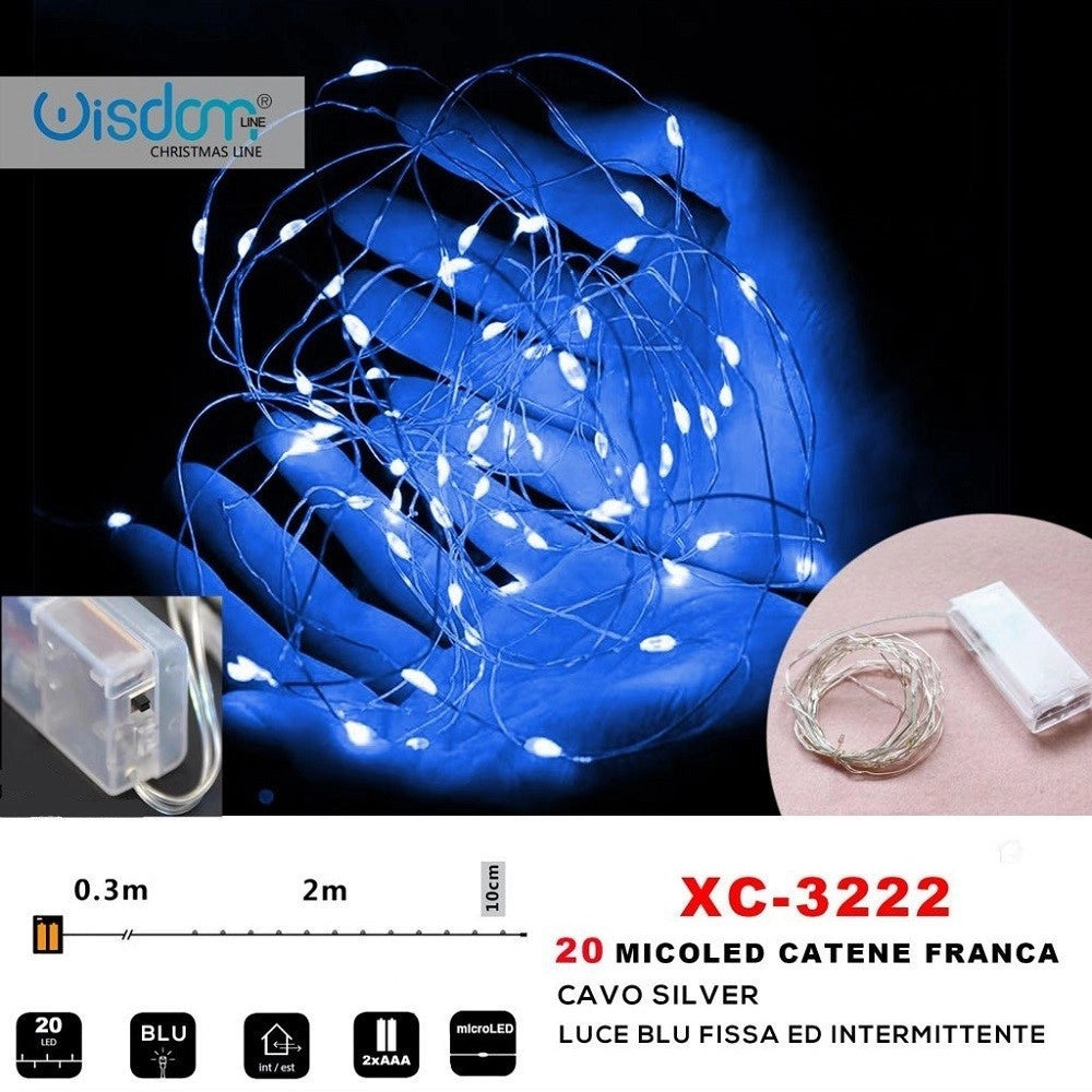 Trade Shop - Catena 20 Microled A Batteria Cavo Silver Luce Blu Fissa + Intermittente Xc-3222 -