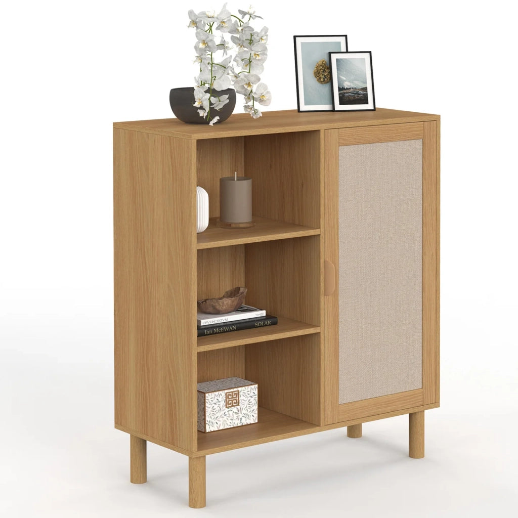 IDMarket - Credenza con 3 ripiani e armadietto 70 cm ROBIN in legno e tessuto effetto lino