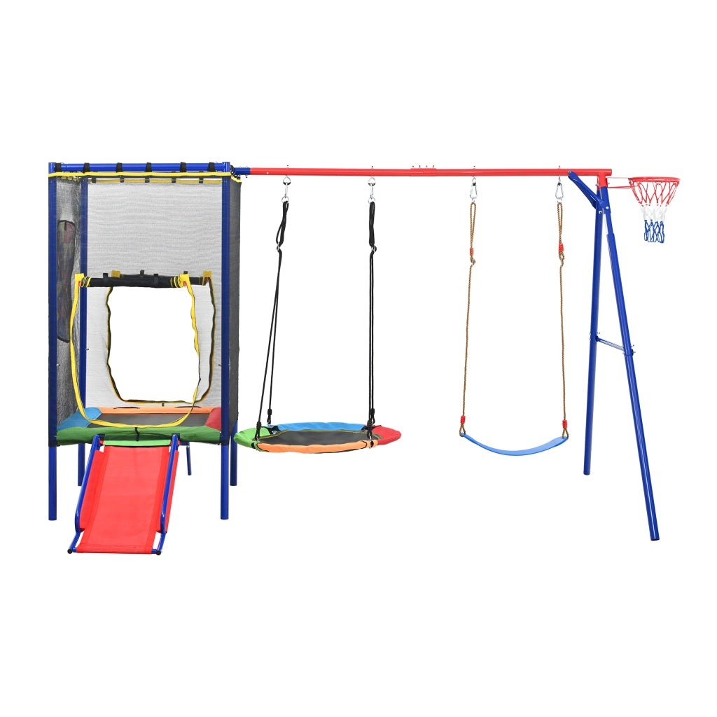 Area giochi con trampolino rete sicurezza scivolo doppia altalena e canestro in ferro multicolore 336 × 217 × 198 cm