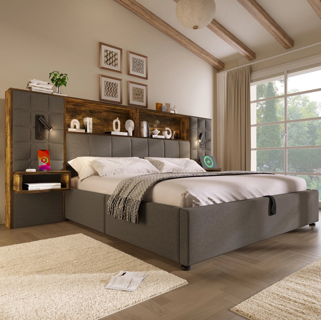 Letto matrimoniale 160x200 cm con contenitore idraulico; luci lettura e comodini; grigio