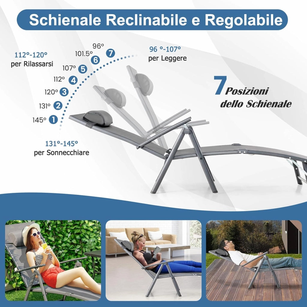 Lettino Prendisole Pieghevole, Schienale Regolabile in 7 Posizioni, Sdraio da Giardino in Textilene con Braccioli, Poggiatesta, Capacità di 150 kg, 142 x 61 x 103 cm (Grigio)