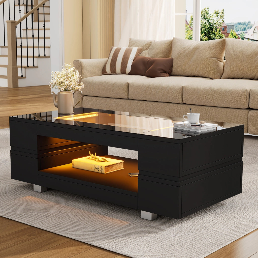 Tavolino da salotto LED nero 100 x 50 x 35 cm con struttura a doppio livello e piano in vetro temperato
