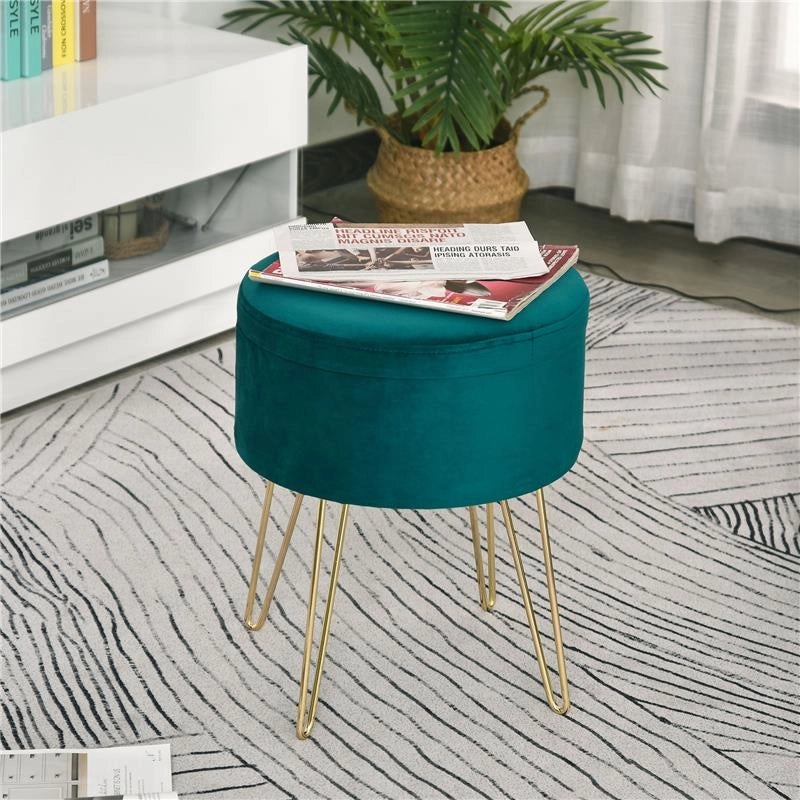 SGABELLO ROTONDO CON VANO CONTENITORE IN VELLUTO 36 X 36 X 45 CM VERDE E ORO