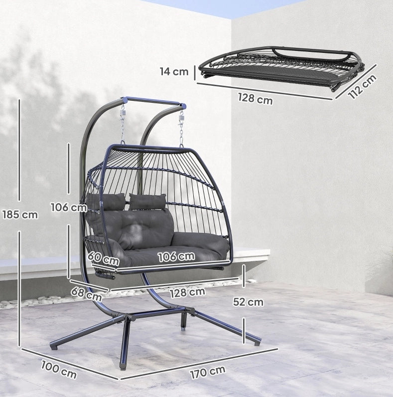 Sedia sospesa a 2 posti pieghevole in rattan; 170 x 100 x 185 cm; grigio scuro