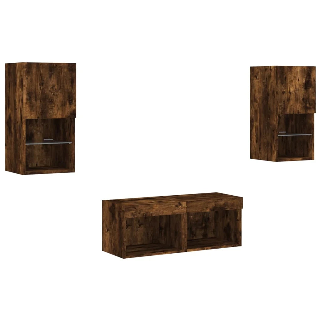 Mobile TV multimediale mensola TV credenza mobile TV sala da pranzo soggiorno camera da letto parete attrezzata x 4 pezzi con luci LED rovere affumicato marrone 02_0028219