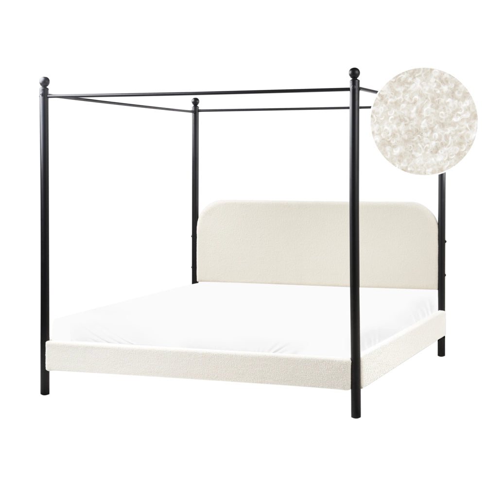 Letto a baldacchino in metallo nero con rivestimento in bouclé bianco 180 x 200 cm EU Dimensioni doppie Retro Minimalista