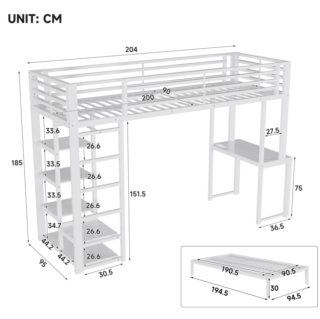 Letto a soppalco 90x200 cm con scrivania e scaffali bianco