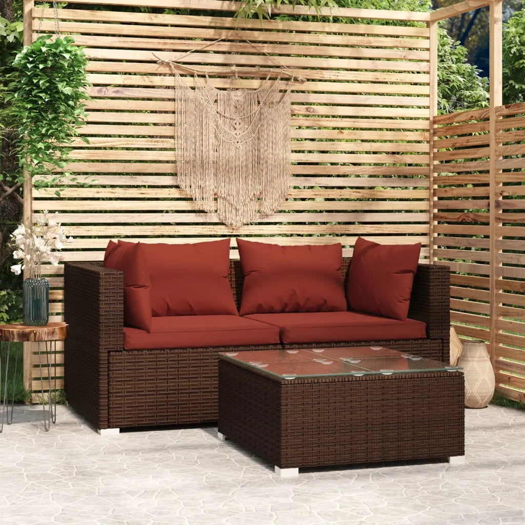 Set Divano da Giardino 3 pz con Cuscini in Polyrattan Marrone cod mxl 34798