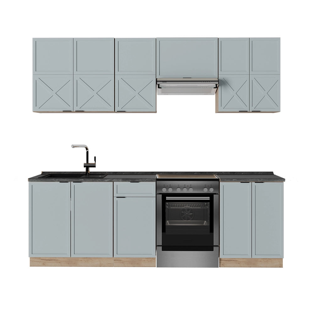 Cucina componibile Fame-Line Blu-grigio chiaro/Rovere dorato 240 cm, PL Antracite Vicco