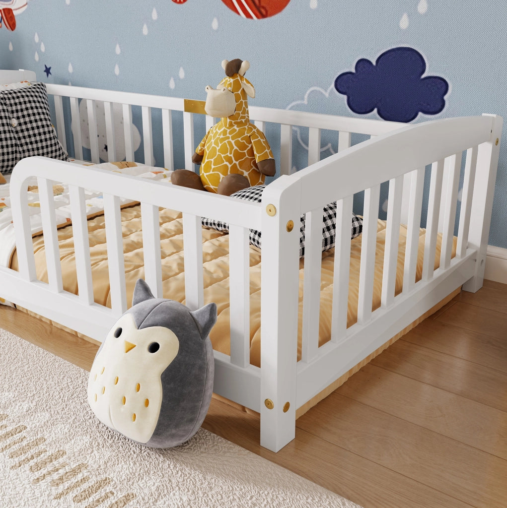 Letto a pavimento per bambini 90x200 cm con sponde di sicurezza bianco
