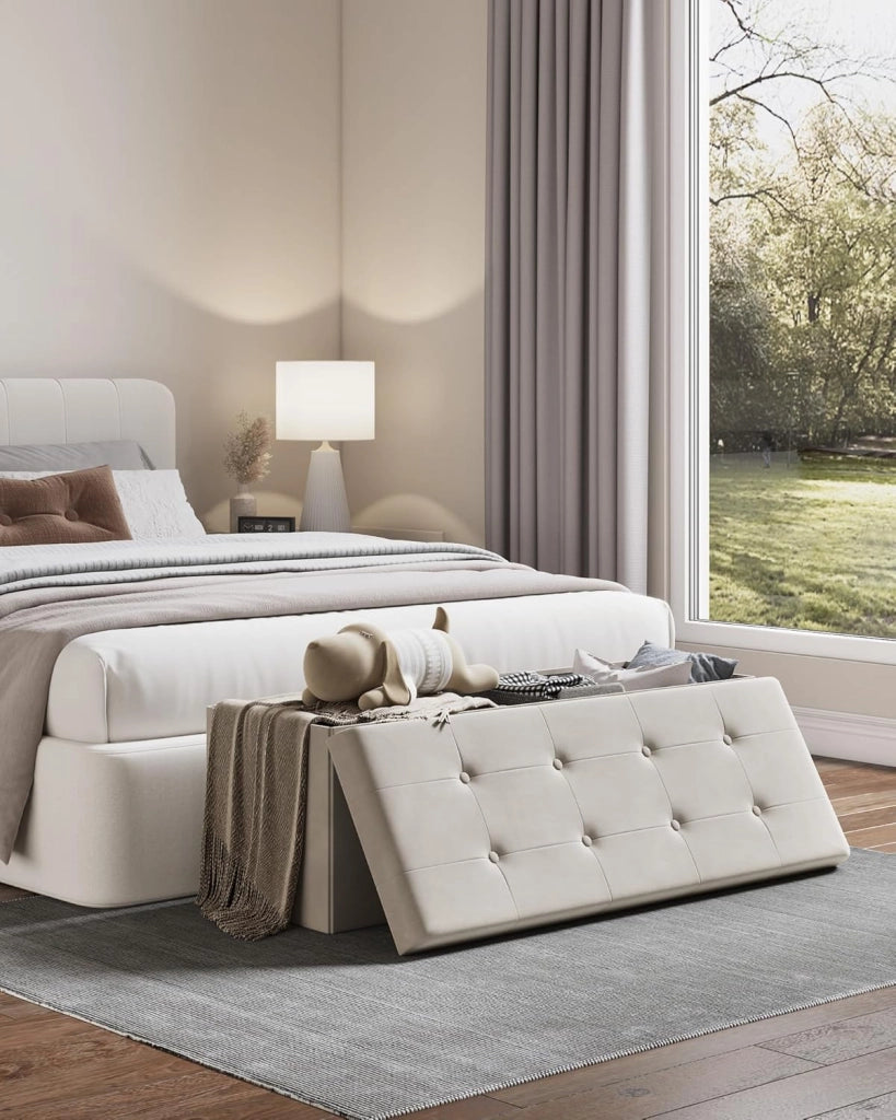WOLTU Poggiapiedi Cassapanca Contenitore Scarpiera Pouf Sgabello Pieghevole Panca con Coperchio Sedia Bassa in Velluto Crema 110x37,5x38 cm
