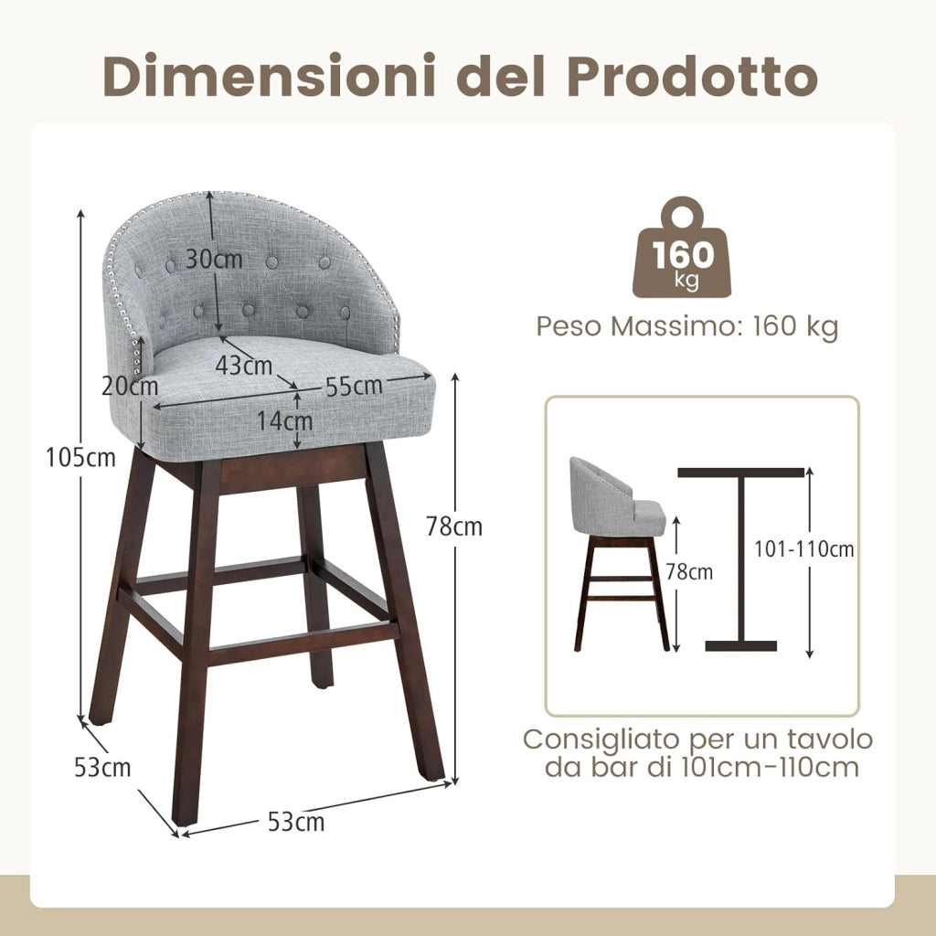 Set di 2 Sgabelli da Bar, Sgabelli con Gambe in Legno di Gomma e Schienale Imbottito, Sgabelli da Bar Girevole, Ideale per Bar, Cucina, Soggiorno (Grigio)