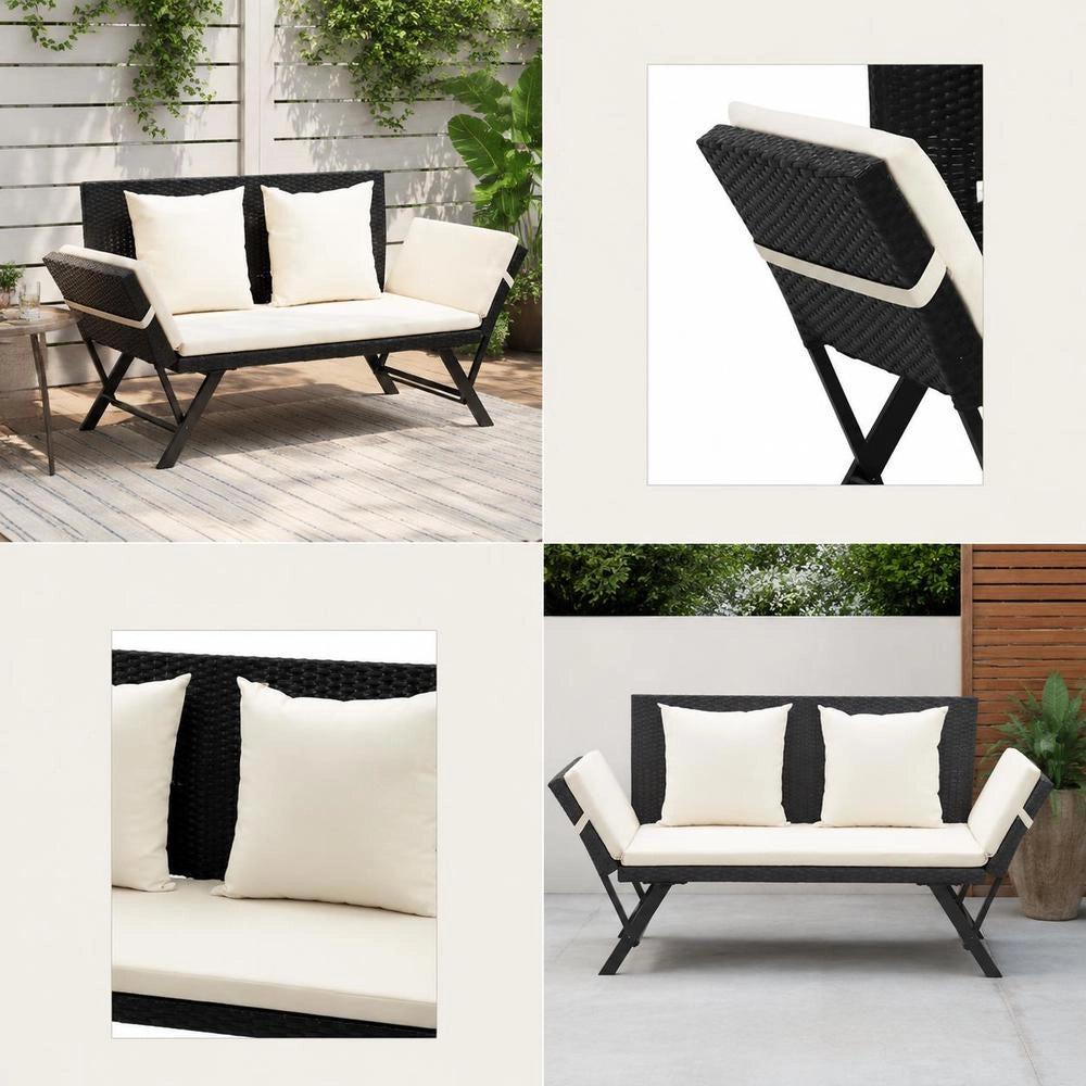Garden Bench With Cushions, 176 Cm, Black Poly Rattan