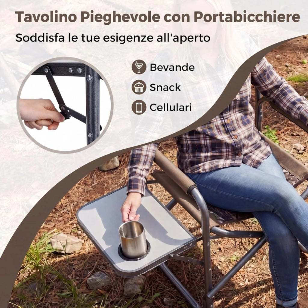 Sedia da Regista Imbottita con Tavolino, Ampio Sedile, Braccioli e Schienale, Sedia da Campeggio Pieghevole con Telaio Metallico per Eventi Sportivi e Pesca, Portata 180 kg (Mimetico)