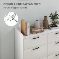 Cassettiera 6 Cassetti in Legno con Bordi Rialzati e Maniglie a U, 100x40x88 cm, Bianco