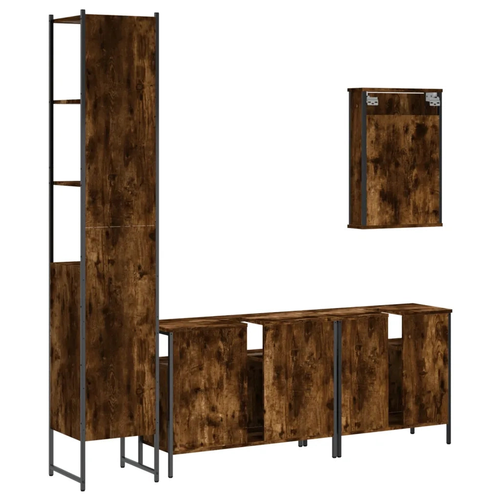 Set Mobili da Bagno | Armadio da bagno 4 pz Rovere Fumo in Legno Multistrato