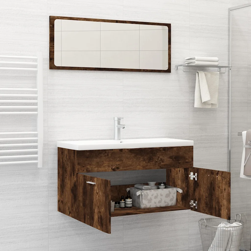 Set Mobili da Bagno | Armadio da bagno 2 pz Rovere Fumo in Legno Multistrato