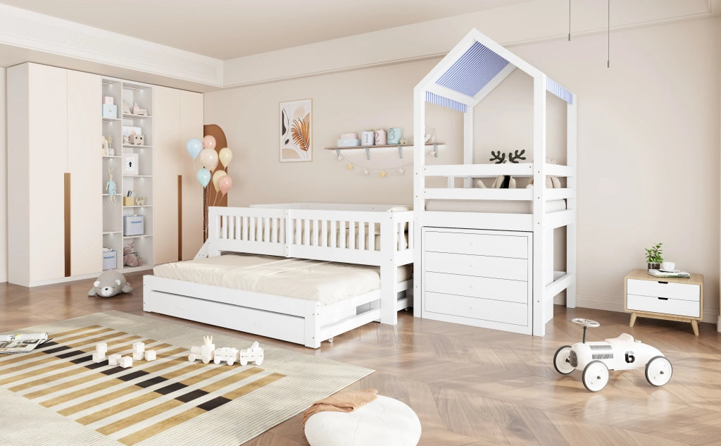 Letto a soppalco per bambini 90 × 200 cm con letto estraibile 90 × 190 cm, scala laterale, cassetti, senza materasso, bianco