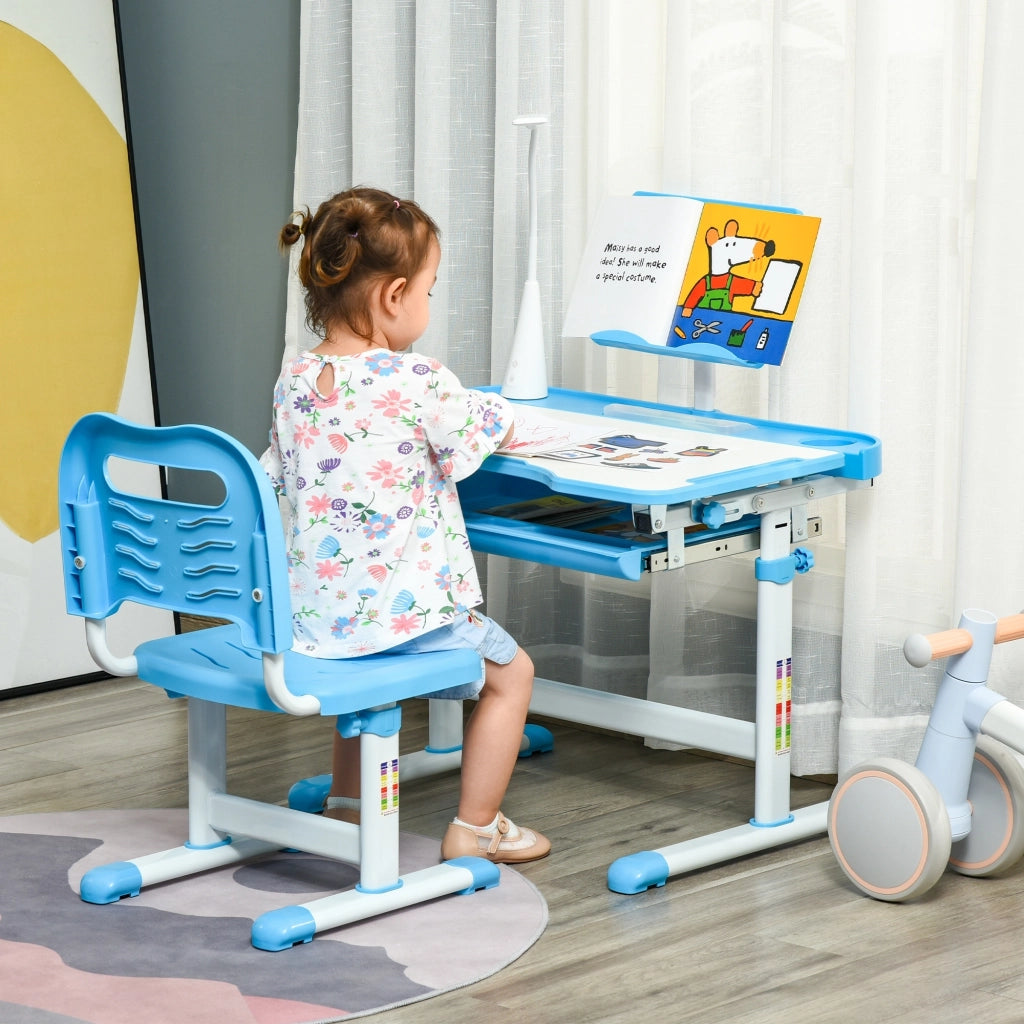 Banco Scuola con Sedia per Bambini 6-12 Anni con Altezza e Inclinazione Regolabile, Blu