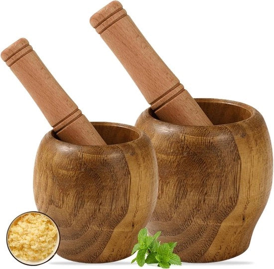 Set di due vijzeli in legno con pestello - Dimensioni Ø 85 cm e Ø 95 cm - Mortaio e pestello per spezie - Cucina essenziale