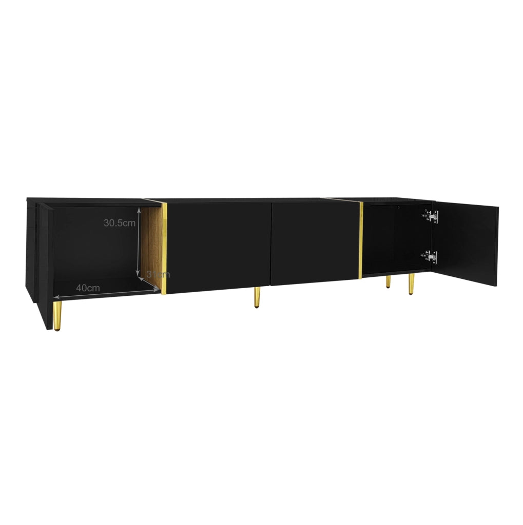 Mobile TV in MDF nero lucido con 4 ante e cerniere soft-close; 170 x 35 x 46 cm