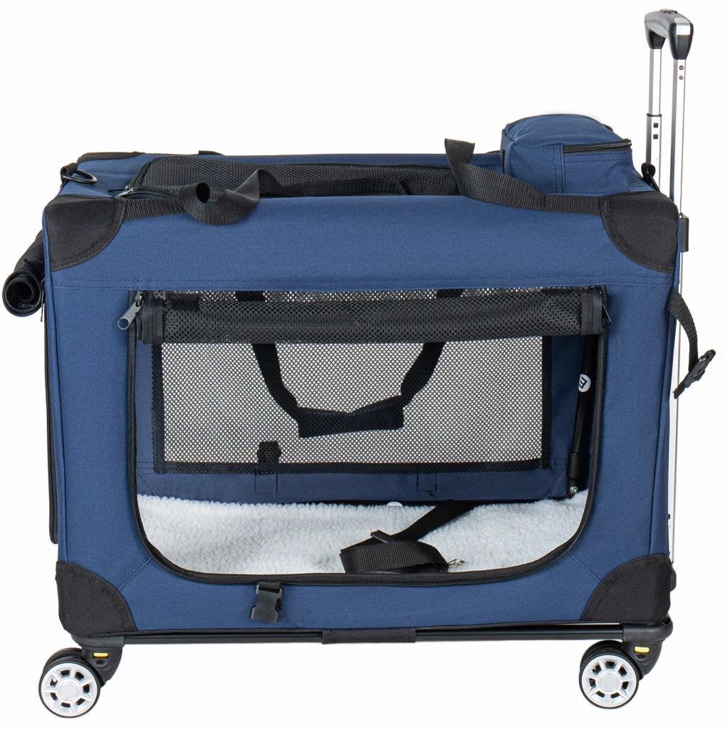Trasportino pieghevole per cani 60 cm con ruote; 3 porte in rete; blu scuro