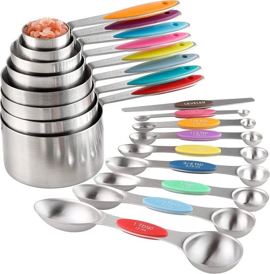 Set di misuratori in acciaio inossidabile con 8 misuratori a pile e 8 cucchiai magnetici a doppio lato, 1 livella acqua.