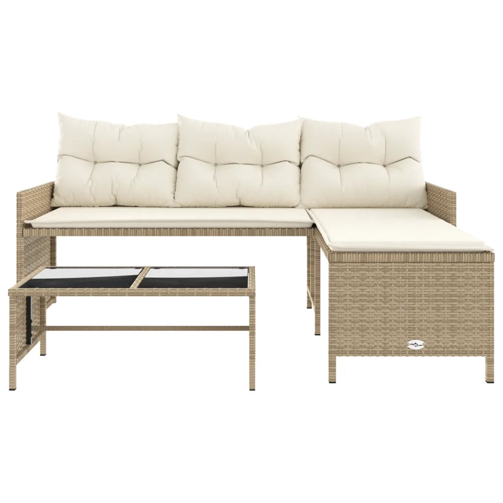 Divano da Giardino con Tavolo e Cuscini a L Beige in Polyrattan 365575