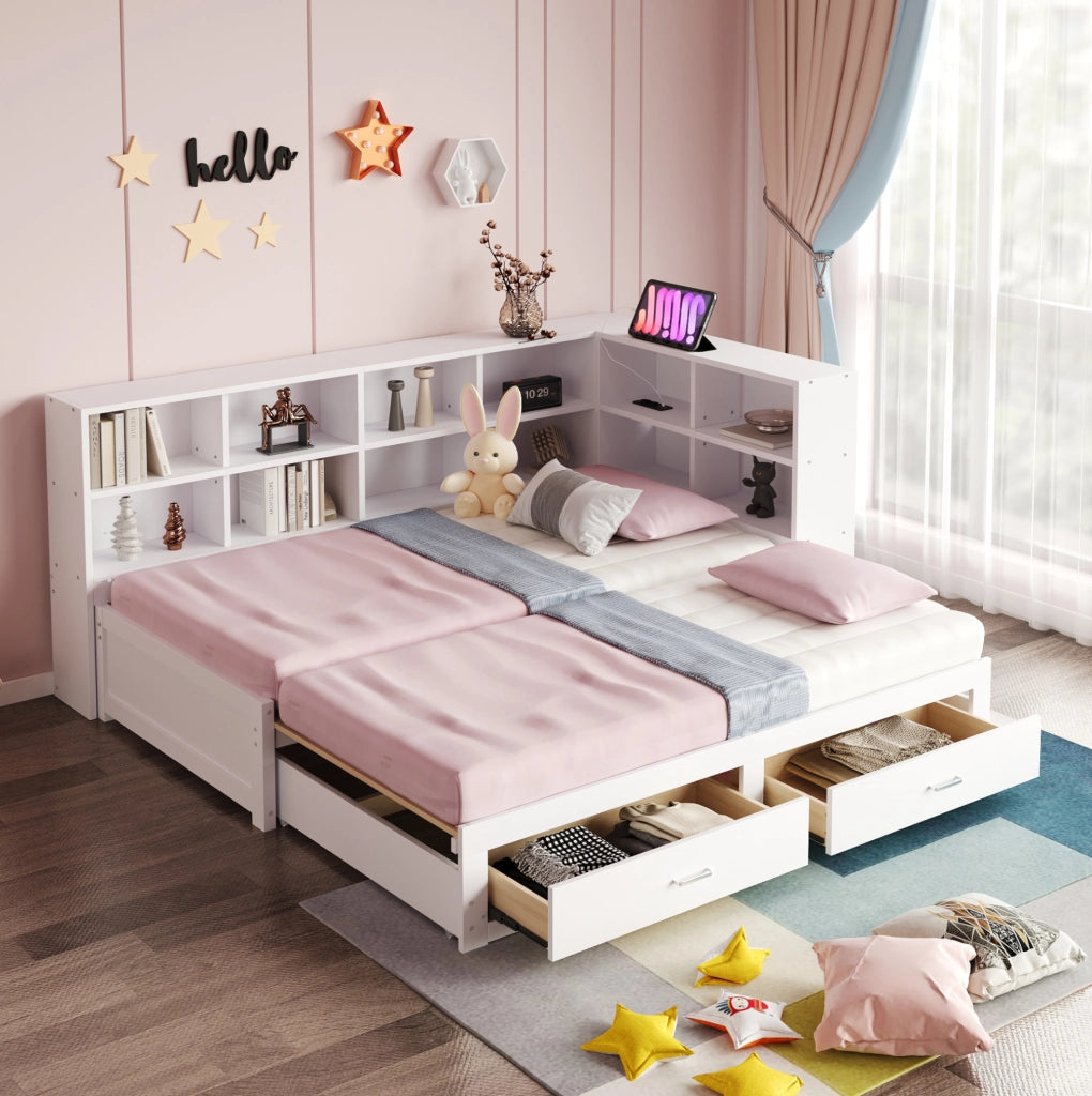 Letto singolo estraibile in legno con contenitore e prese, bianco 90/180x190 cm