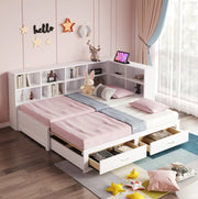 Letto singolo estraibile in legno con contenitore e prese, bianco 90/180x190 cm
