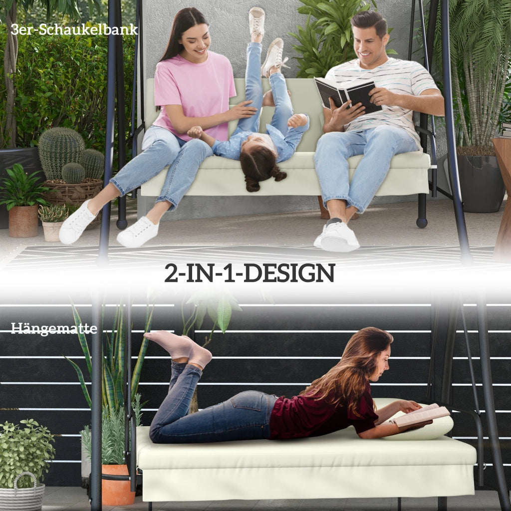 Altalena Hollywood a 3 posti con funzione reclinabile e parasole regolabile per giardino e terrazzo bianco crema.