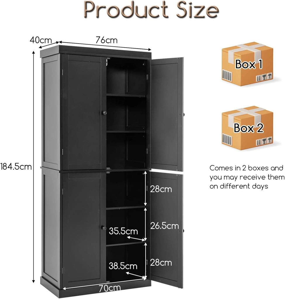 Credenza Alta da Cucina 184.5 cm, Mobile Cucina Dispensa con 2 Ripiani Regolabili, Mobile Buffet con 2 Armadi con Ante, per Soggiorno, Sala da Pranzo, Bagno, 76 x 40 x 184,5 cm (Nero)