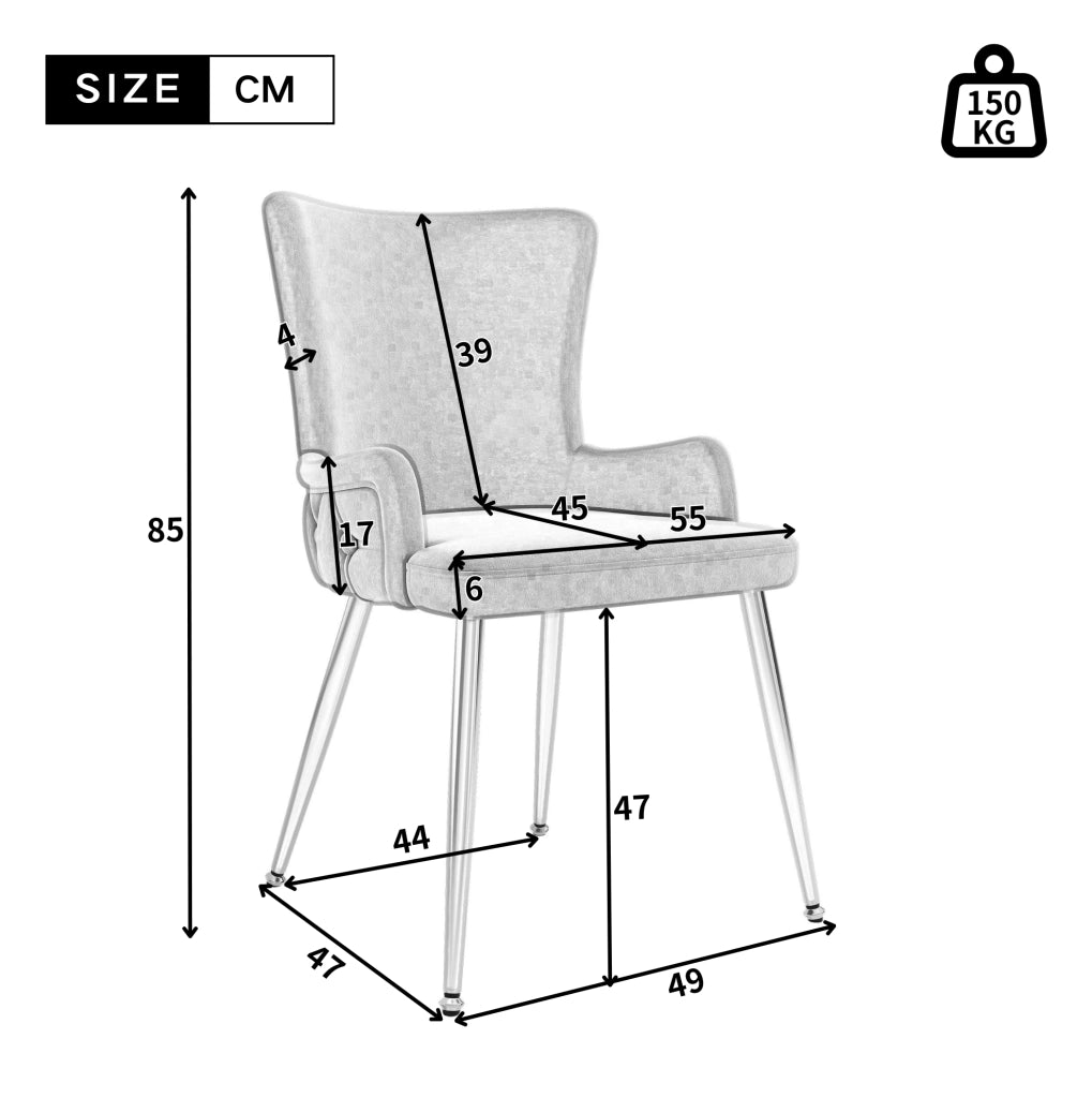 Set di 4 sedie in velluto con gambe in metallo; design moderno; grigio e argento
