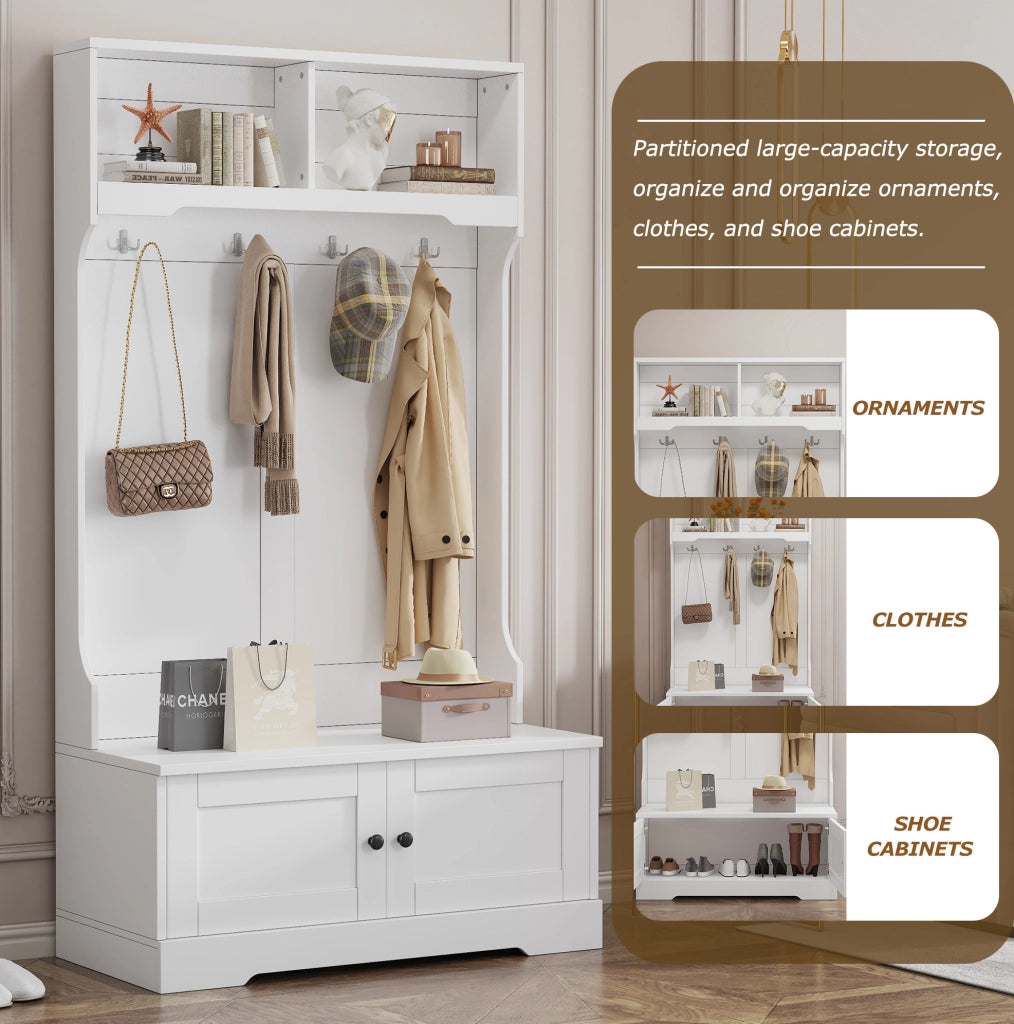 Mobile ingresso bianco con panca; 4 ganci e 2 vani aperti; 101;5 x 183 cm; in truciolare