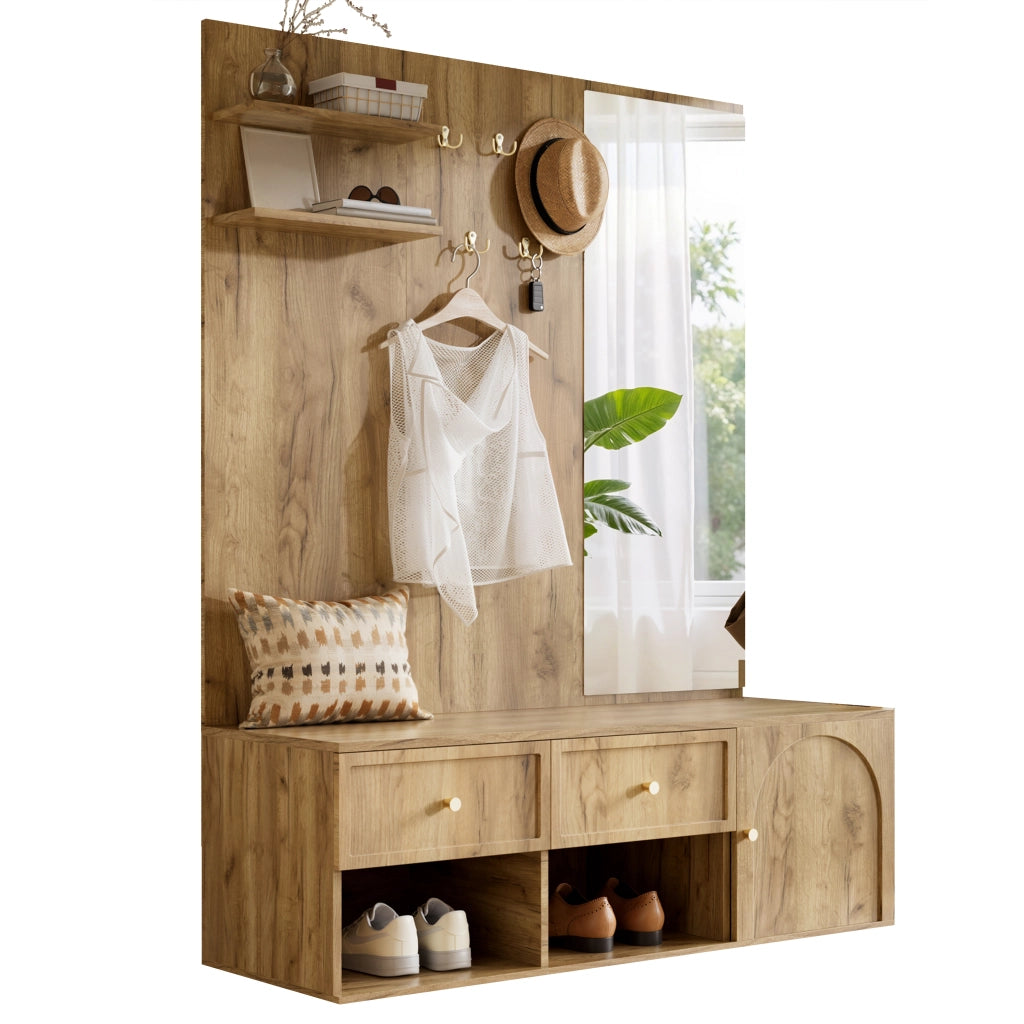 Garderobiera da ingresso multifunzione 6 in 1 con specchio, 5 ganci, 2 cassetti e vano chiuso, effetto legno, 120 x 35 x 159 cm