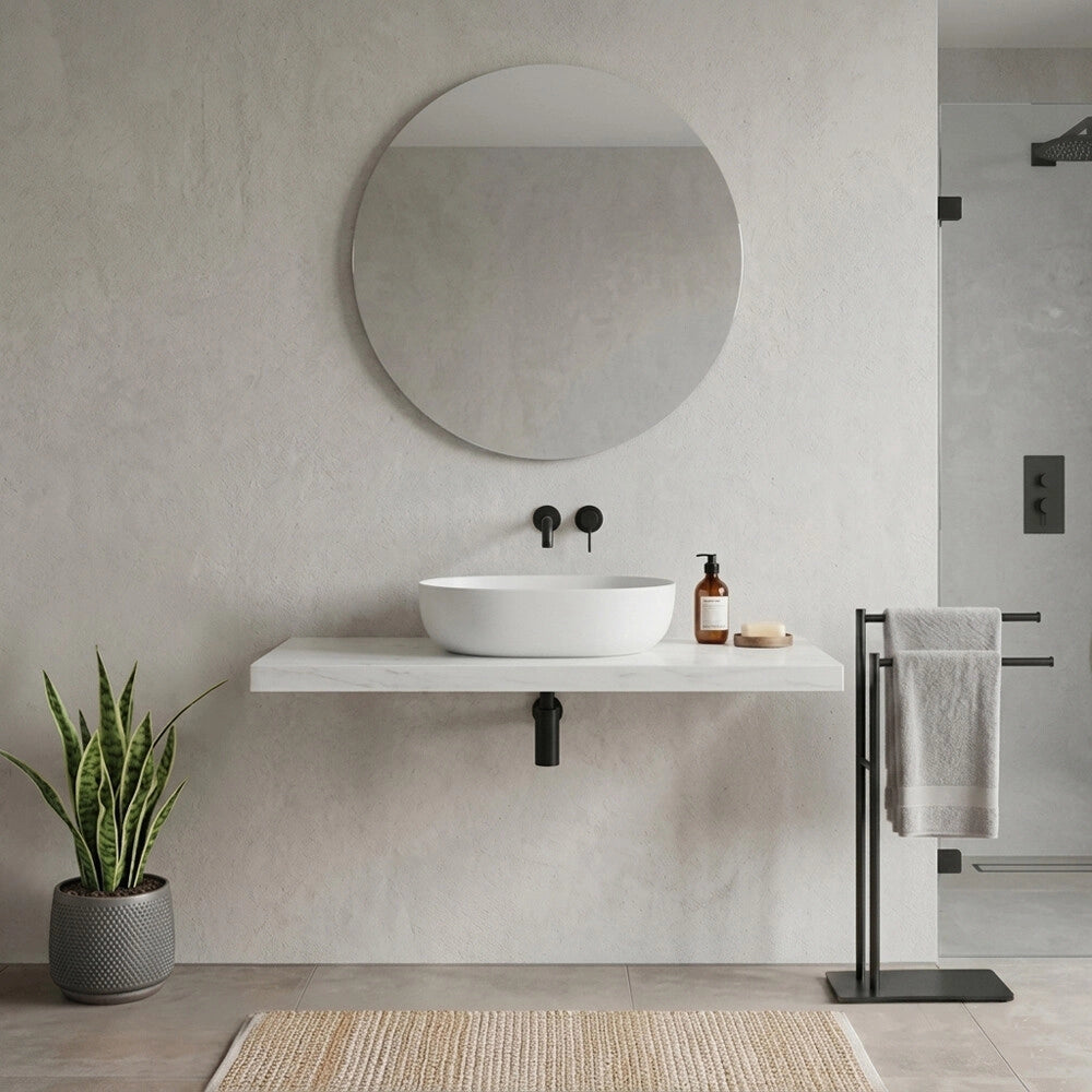 Mensolone bagno 120 cm in legno effetto marmo bianco carrara Levia
