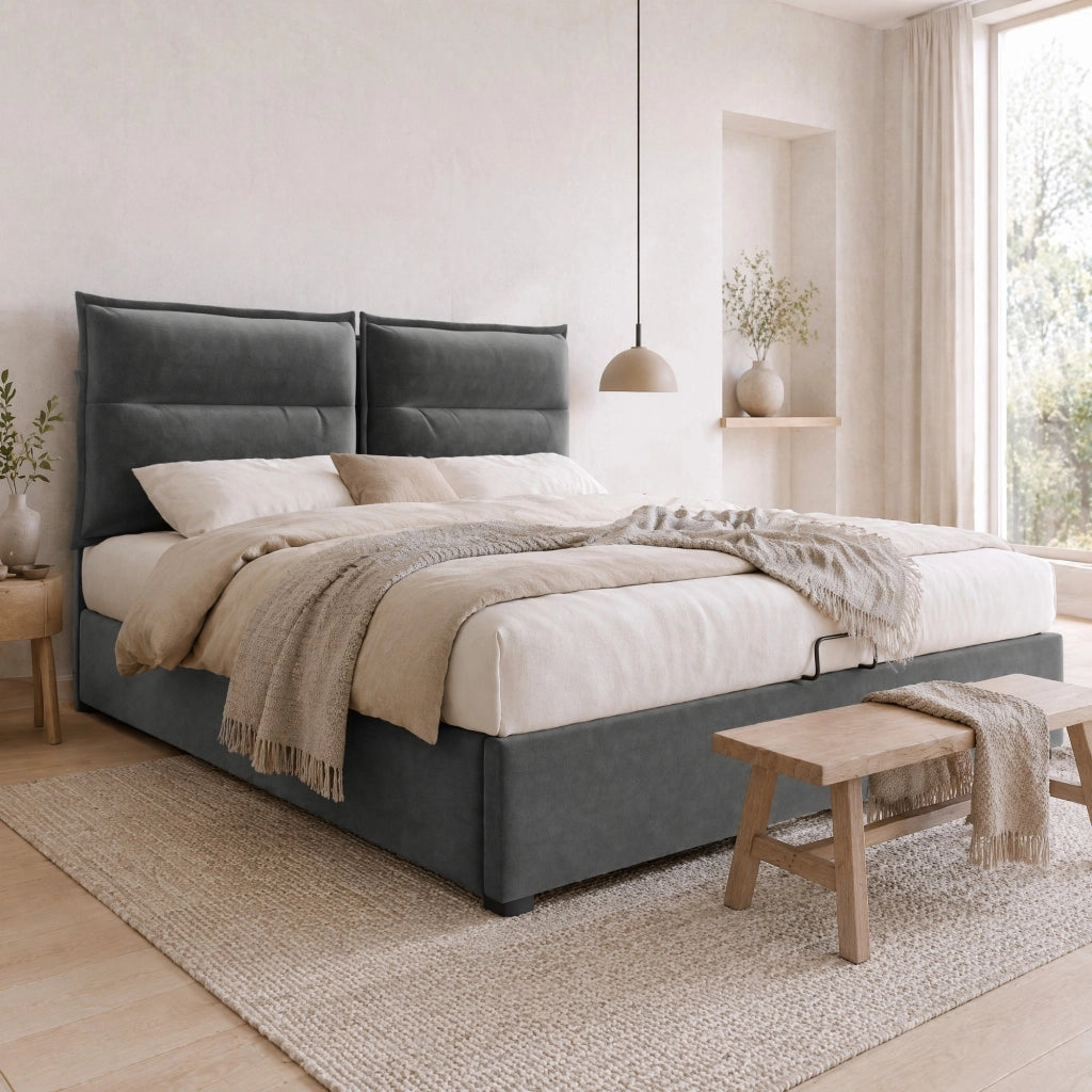 Letto matrimoniale imbottito 140x200 cm con contenitore, testiera regolabile, velluto grigio, senza materasso