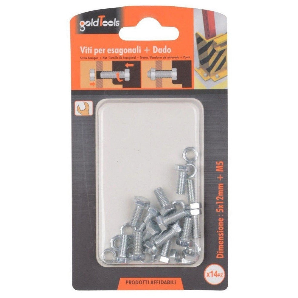 Trade Shop - Set 14 Pz Vite Viti Per Esterno A Testa Esagonali 5x12mm Con Dadi Dado M5 90908 -