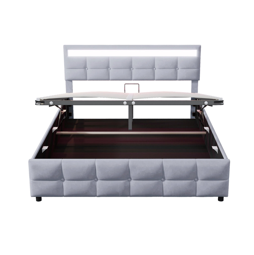 Letto matrimoniale imbottito 180x200 cm con LED; contenitore idraulico; velluto olandese grigio