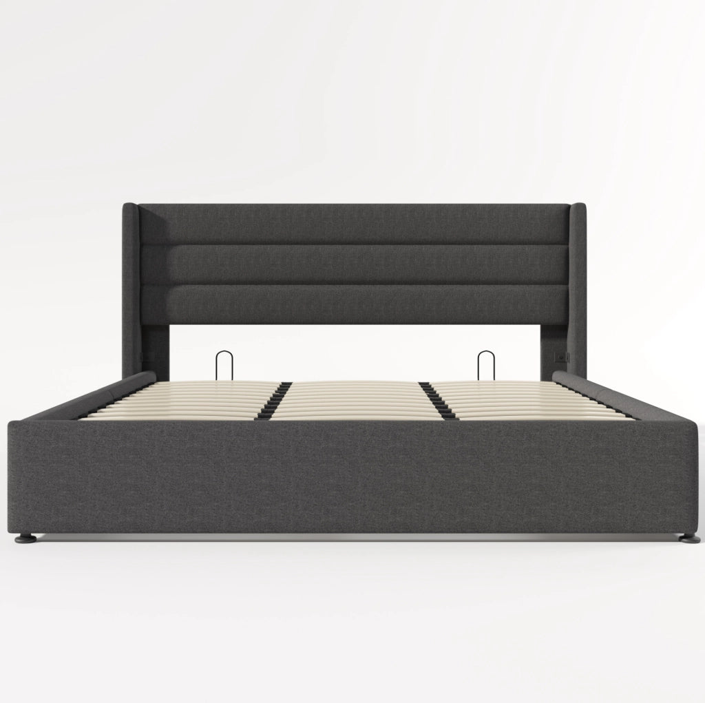 Letto matrimoniale contenitore 180x200 cm con testiera imbottita; struttura in lino grigio