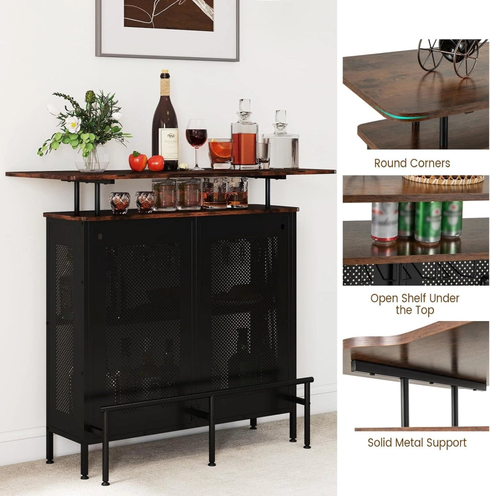Tavolo da bar con 1 ripiano rialzato e 6 portabicchieri, tavolo da vino a 4 livelli, tavoli per bere cucina, poggiapiedi in stile industriale, nero, 120 x 50 x 106,5 cm (rif. 2.0)