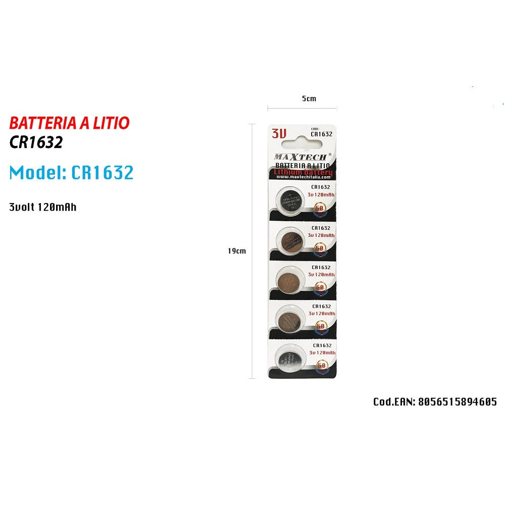 Trade Shop - 5 Batterie Batteria Cr1632 3v 120mah Pile A Bottone Per Orologi Telecomandi Maxtech -