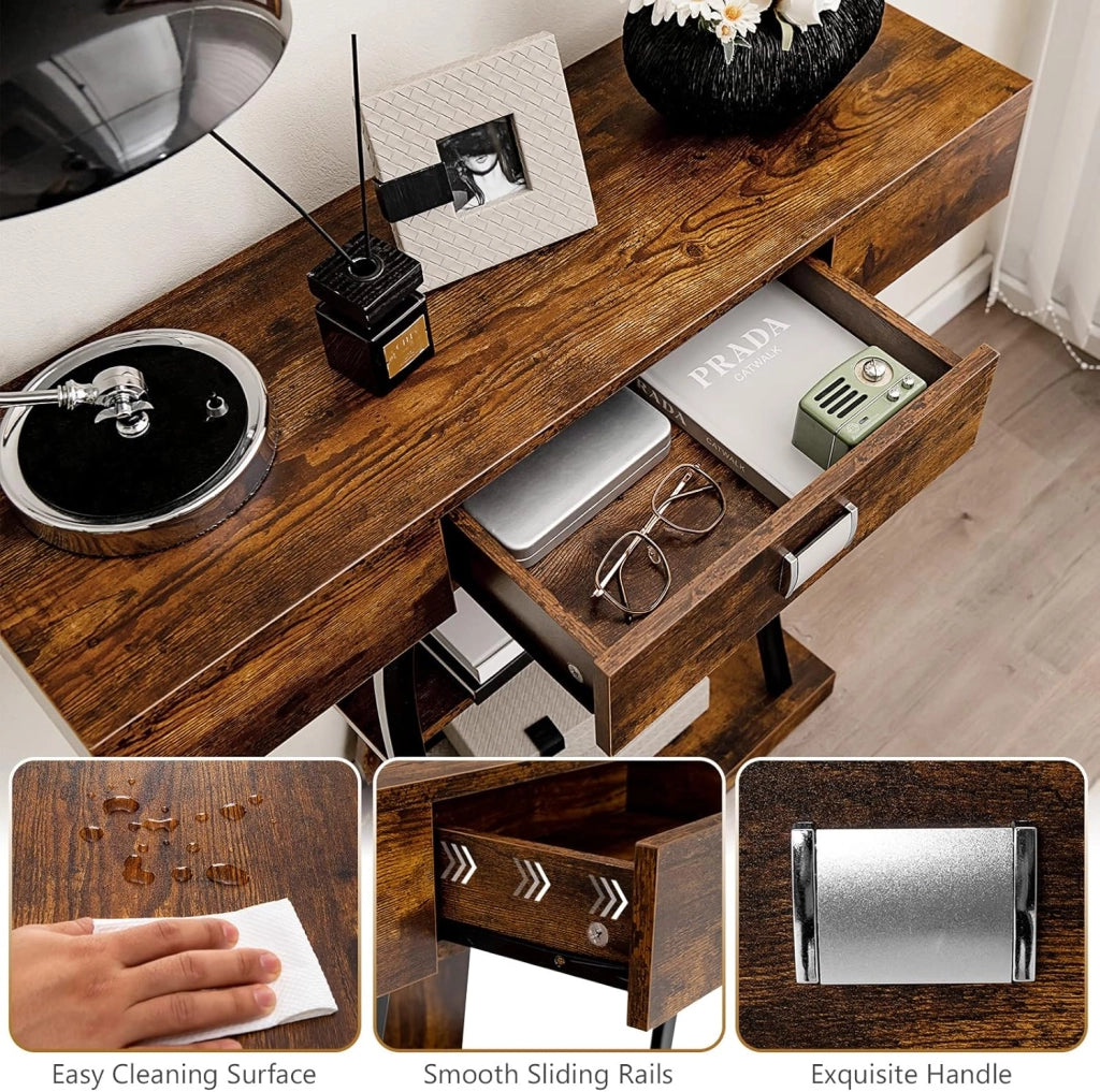 Tavolo consolle a 3 livelli, con cassetto, tavolo d'ingresso in legno con anti-ribaltamento e telaio in metallo, stile industriale, per soggiorno, camera da letto, ingresso, marrone rustico