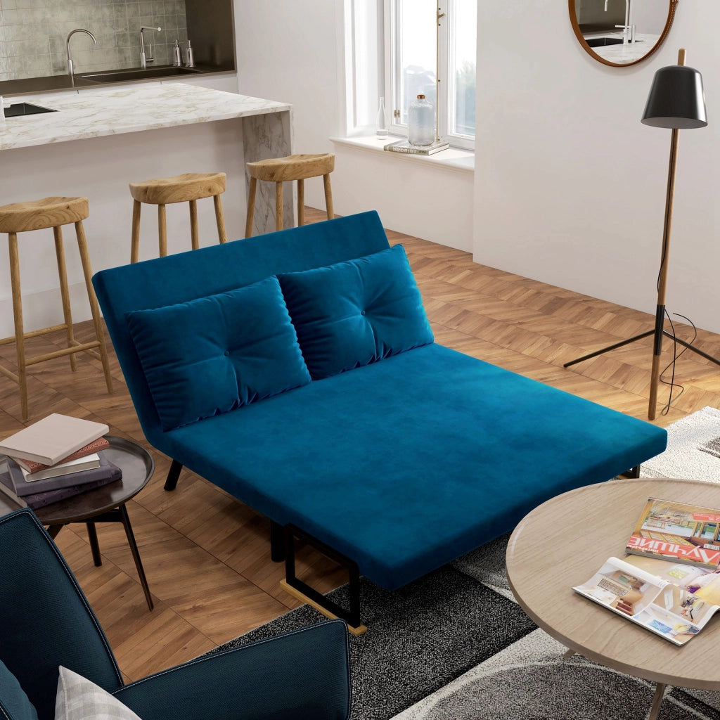 Divano letto 2 posti con cuscini e schienale regolabile ¨C zephmum ¨C blu velluto