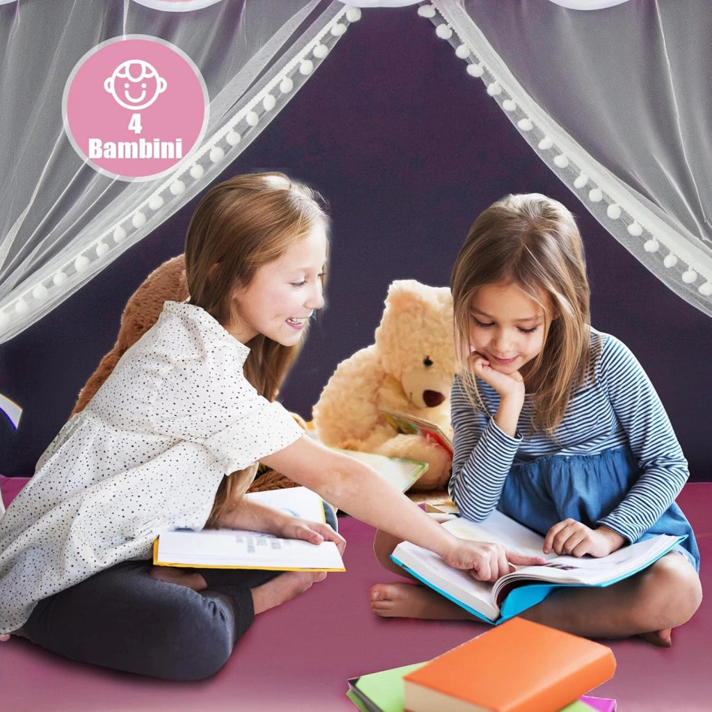 Tenda da Gioco per Bambini, Tenda Castello con Tappetino Lavabile, Luci a Forma di Stella, per Interno ed Esterno, 105 x 121 x 136 cm (Stile 2 Rosa)